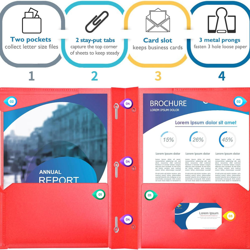 Heavy Duty Plastic Folders with Clear Front Pocket - 18PCS, 3 Pockets Folders with Prongs and Card Slot, for Letter Size Sheets, Bright Colors