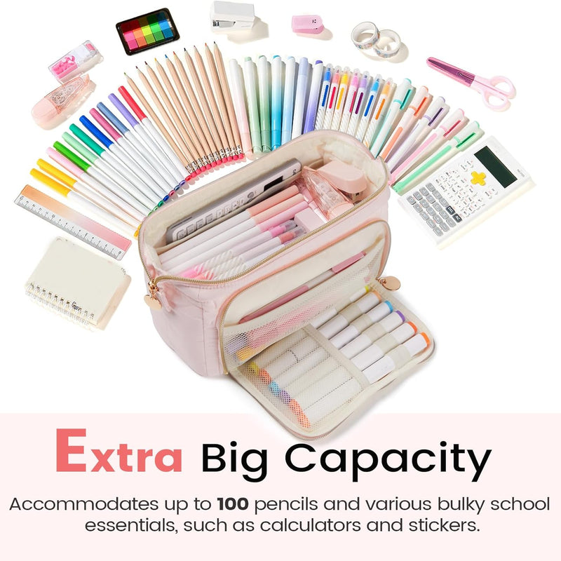 Sooez Large Pencil Case Pouch, Soft Pencil Bag with Zipper, Pen Bag Wide Opening, School Supplies Cute Pencil Case for Girls Boy Men Women, Beige