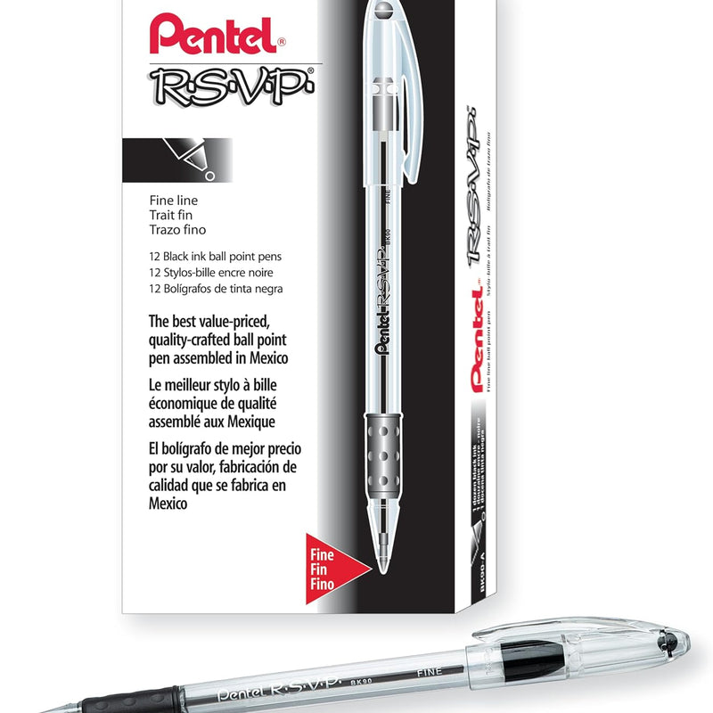 Pentel RSVP Ballpoint Pen, Fine Line, (0.7mm), Black Ink (BK90-A) (Pack of 1, 12 Count Total)
