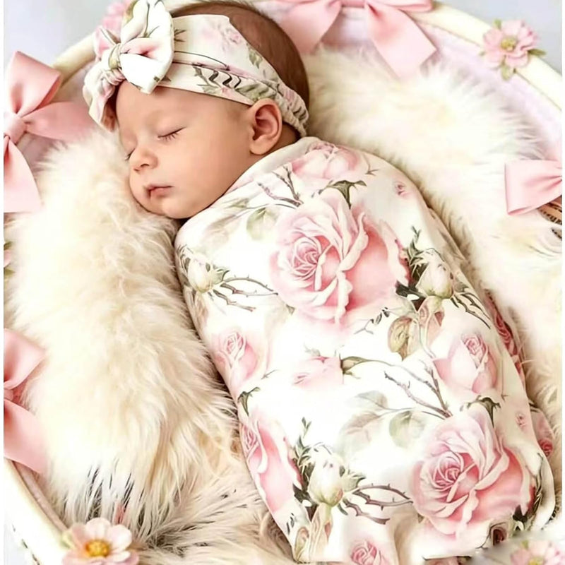 Galabloomer Newborn Receiving Blanket Headband Set Baby Flower Swaddle