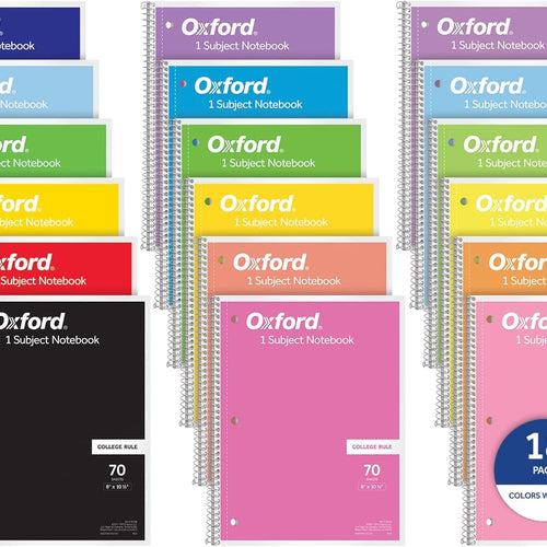 Oxford Spiral Notebooks, 18 Count Bulk Pack, 1 Subject, College Ruled Notebooks for School, 8 x 10.5 Inches, 70 Sheets, Assorted Colors, Back to School Supplies (65206)
