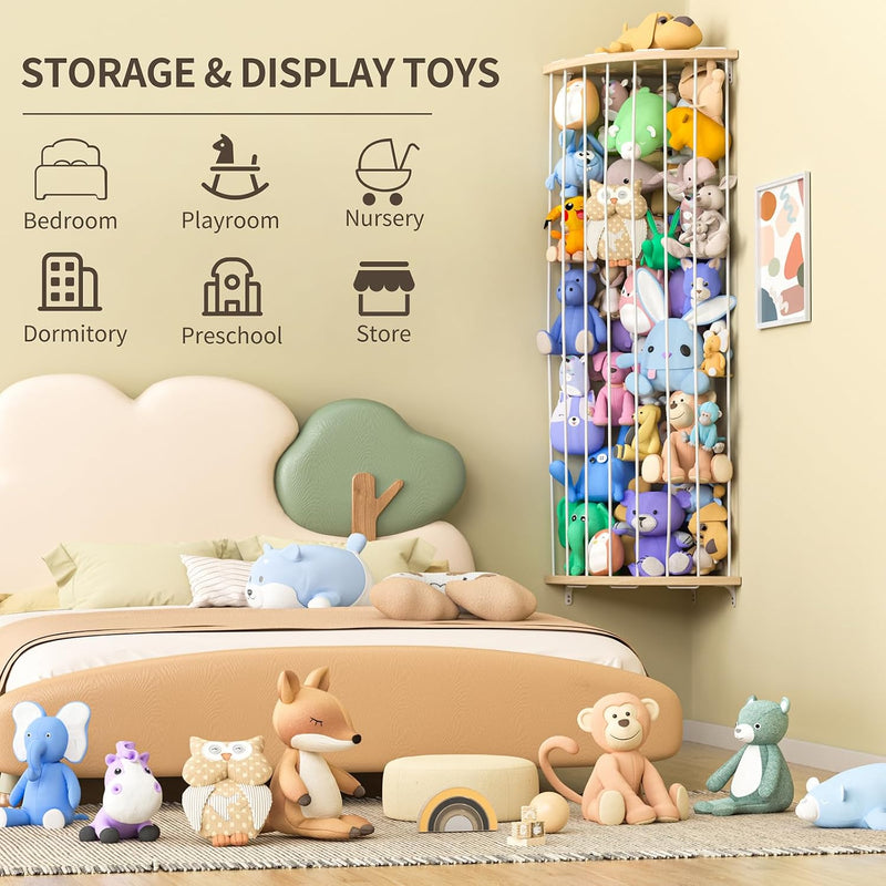 Jtksfcl Stuffed Animal Storage Wood Corner Plush Toys Holder with Star Pattern, Length Adjustable Hanging Stuffed Animal Toy Organizer Shelf for Nursery Play Room Bedroom Kid Room