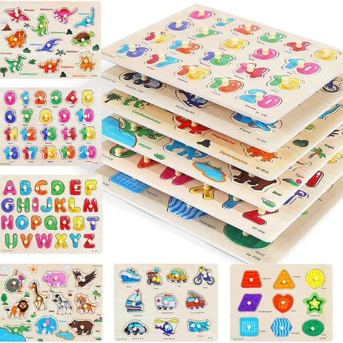 6-pack Wooden Peg Puzzles for Toddlers, Alphabet Number Shape Animal Dinosaur Vehicle Preschool Learning Toys