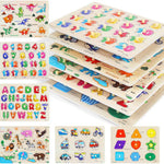6-pack Wooden Peg Puzzles for Toddlers, Alphabet Number Shape Animal Dinosaur Vehicle Preschool Learning Toys