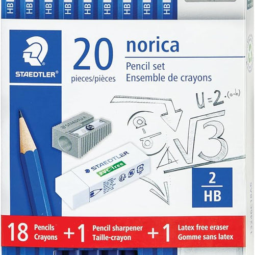 STAEDTLER Norica #2 HB Wood-Cased Pencil Set: 18 Pre-Sharpened Graphite Pencils with 1 Eraser & 1 Sharpener, Break-Resistant Lead, For Writing & Drawing, Blue, Ideal for Classroom, Home & Office