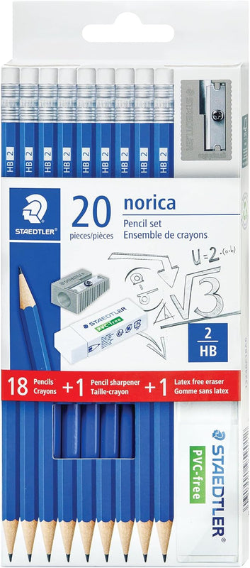 STAEDTLER Norica #2 HB Wood-Cased Pencil Set: 18 Pre-Sharpened Graphite Pencils with 1 Eraser & 1 Sharpener, Break-Resistant Lead, For Writing & Drawing, Blue, Ideal for Classroom, Home & Office