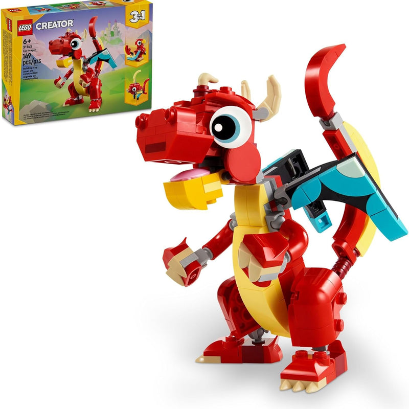 LEGO Creator 3 in 1 Red Dragon Toy, Builds into Fish and Phoenix, Ages 6 and Up, 31145