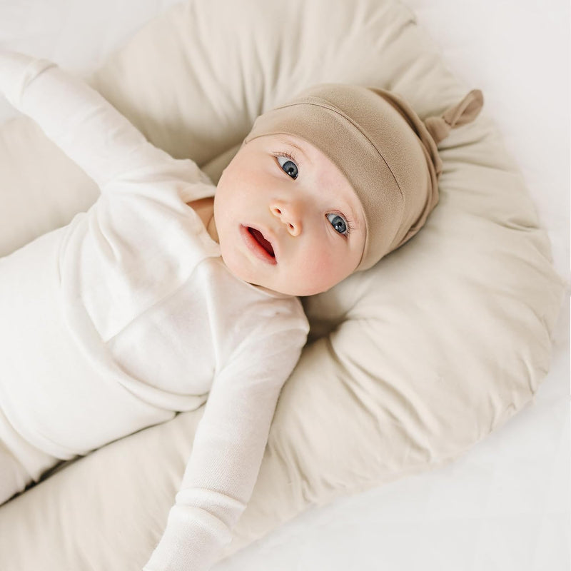 Konssy 8 Pack Baby Newborn Hats, Beanie Hat for Infant Girl Boy 0-6 Months | Knot Sleepy Baby Hats, Buttery Soft & Stretchy Fabric, Preemie & Newborn Hospital Hat, for All Season, (Beige)