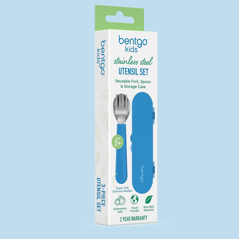 Bentgo Kids Stainless Steel Utensil Set - Reusable Fork, Spoon & Storage Case, PFAS- & BPA-Free, Easy-Grip Handles, Lightweight, Dishwasher Safe, School Lunch, Travel & Outdoors (Blue)