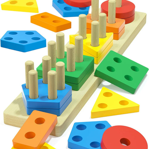Zartores Montessori Wooden Shape Sorter Toys - 20 Pieces, 5 Geometric Shapes, 5 Colors for 1-3 Year Olds