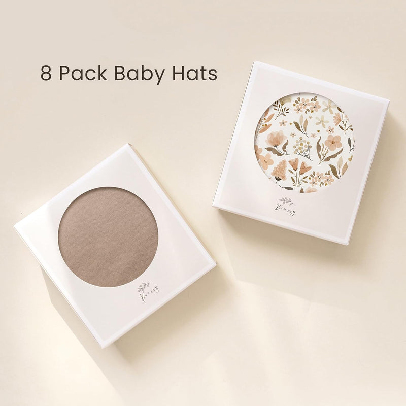 Konssy 8 Pack Baby Newborn Hats, Beanie Hat for Infant Girl Boy 0-6 Months | Knot Sleepy Baby Hats, Buttery Soft & Stretchy Fabric, Preemie & Newborn Hospital Hat, for All Season, (Beige)