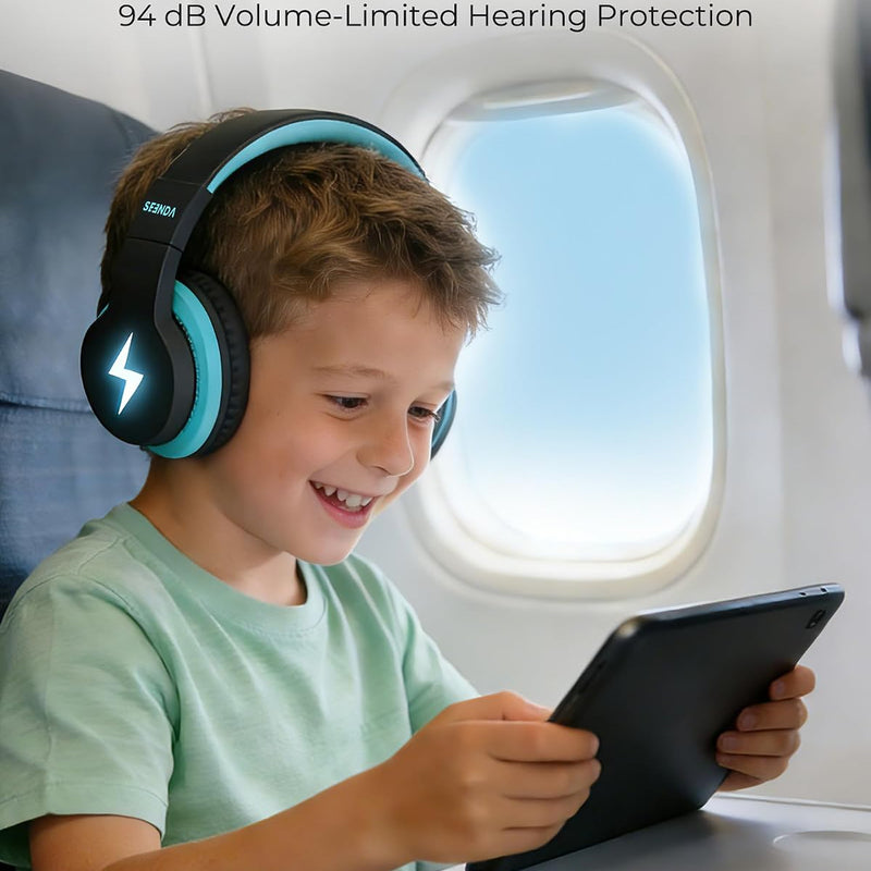 seenda JCH-01 Kids Bluetooth Headphones, 85/94dB, 3 Light Modes,Black&Blue | 75H playtime, soft padded fit, mic & AUX cord, stickers & doodle fun kids love; Wireess Headphones for school, travel, iPad.
