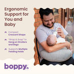 Boppy Anywhere Travel Nursing Pillow - Compact, Ergonomic Bottle & Breastfeeding Pillow with Snap & Loop Hanging Closure and Firm Hypoallergenic Fill, Baby Safety Alliance Verified