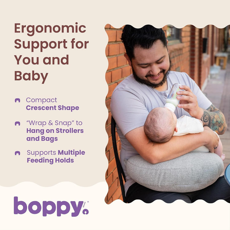 Boppy Anywhere Travel Nursing Pillow - Compact, Ergonomic Bottle & Breastfeeding Pillow with Snap & Loop Hanging Closure and Firm Hypoallergenic Fill, Baby Safety Alliance Verified