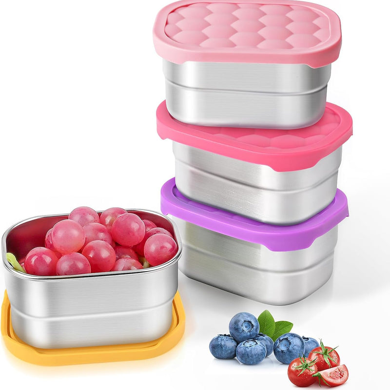 Small (1 CUP) Stainless Steel Snack Containers for Kids | Easy Open Leak Proof Food Containers with Silicone Lids - Perfect Metal Toddler Lunch Box for Daycare and School (8oz)