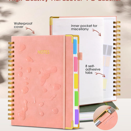 Hardcover Spiral Notebook Journal with Removable Dividers Tabs, 300 Pages Leather 5 Subject Notebook College Ruled, 8"x10" Large B5 Notebooks for Work School Note taking, Lined Journal for Women, Pink