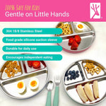 Elk and Friends Kids Stainless Steel Divided Plates with Silicone Suction Sleeves | Lids Included | Suitable for Babies/Toddlers | Dishwasher Safe | Stay Put Dinnerware | Snack Dishes | 4 Pack