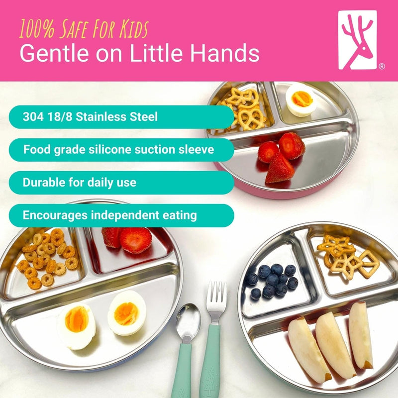 Elk and Friends Kids Stainless Steel Divided Plates with Silicone Suction Sleeves | Lids Included | Suitable for Babies/Toddlers | Dishwasher Safe | Stay Put Dinnerware | Snack Dishes | 4 Pack