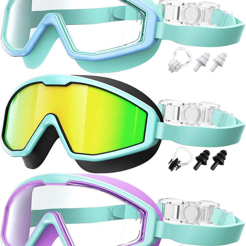 Kids Goggles Age 4-16, Anti-Fog UV 180°Clear View Kids Swim Goggles, 3 Pack Swimming Goggles Waterproof Pool Goggles