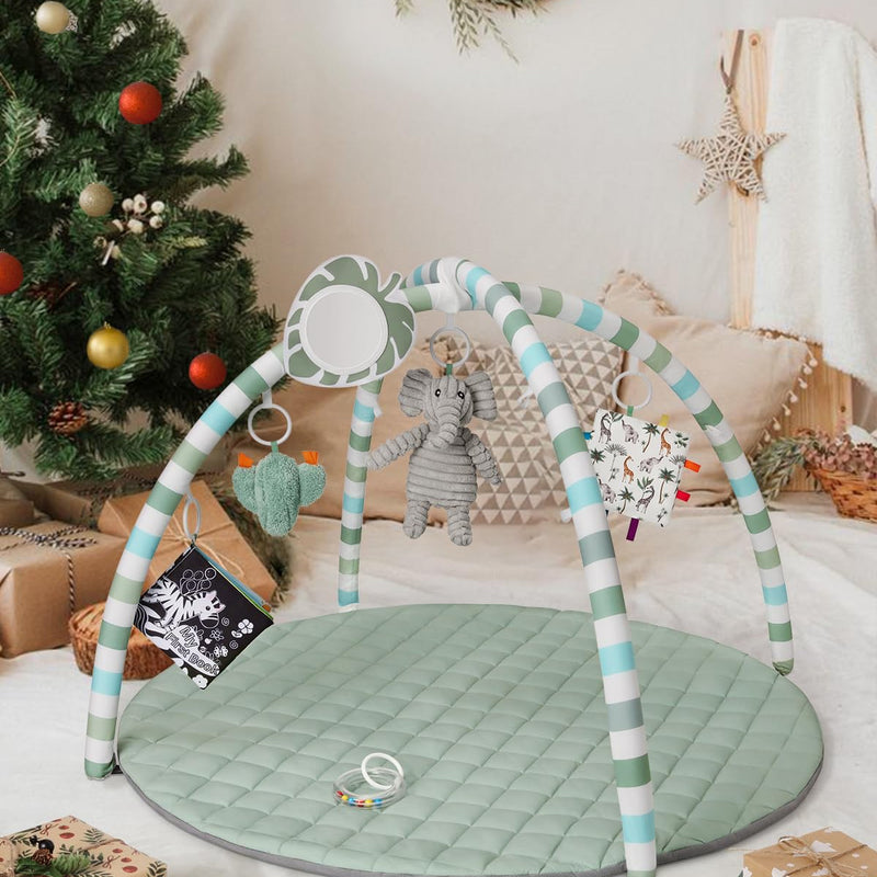 Blissful Diary Sage Green Baby Play Gym Mat with 6 Detachable Toys for Sensory & Motor Skill Development