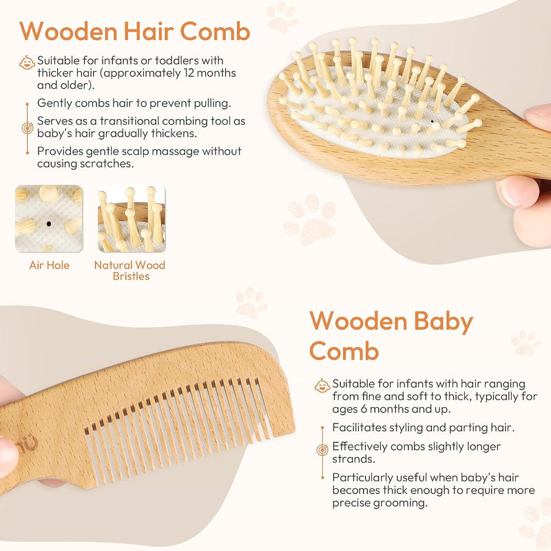 Baby Brush and Comb Set - 4 Piece Wooden Soft Bristle Hairbrush for Newborns, Baby Brush for Cradle Cap - Essentials Care Kit - Baby Shower Gift for Boys & Girls