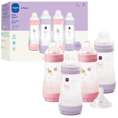 MAM 9oz Easy Start Anti-Colic+ Vented Baby Bottles, 2+ Months, 4 Pack, Girl | Medium Flow Breastfeeding-Like Nipple, Dual Anti-Colic Reduces Gas & Reflux, Easy Clean, BPA Free, 2+ Months, Made In Europe