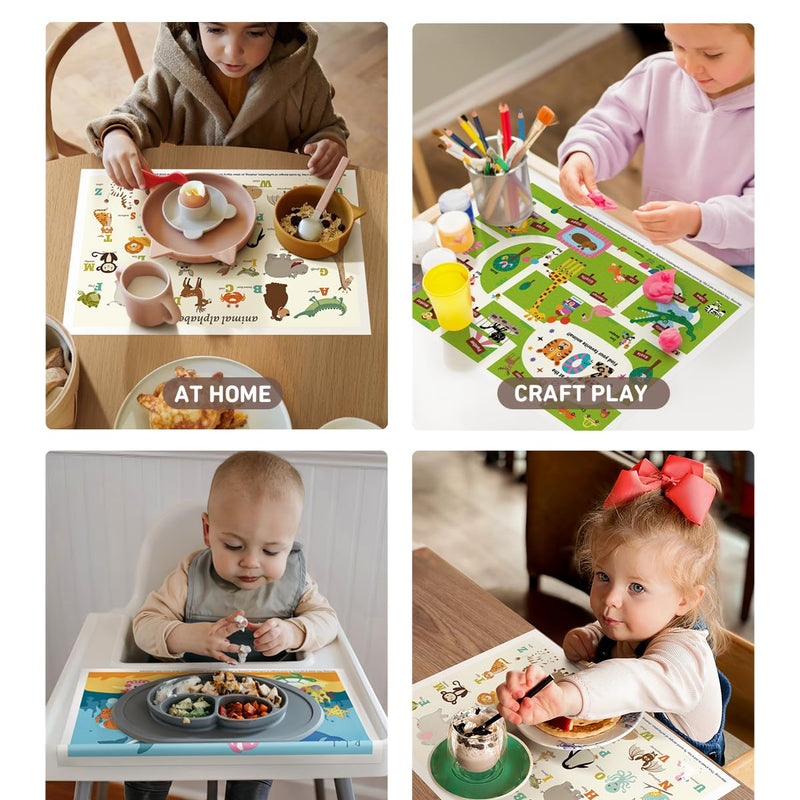 Babebay Disposable Placemats for Baby, 60 Pack Sticky Toddler Placemat for Restaurants, Dining Table, Party, Travel, 12" x 18" with 3 Designs