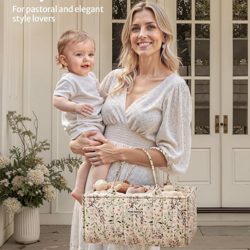 Blissful Diary Floral Diaper Caddy Organizer, Stylish Nursery Storage Basket, Diaper Bag,Gift for Baby Shower, Baby Registry Must Have, Newborn Essentials, Pastoral Daisy