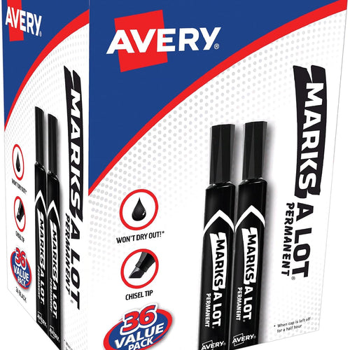 Avery Marks-A-Lot Large Desk-Style Chisel Tip, Value Pack 36 Black Permanent Markers are perfect for signs and posters (98206)