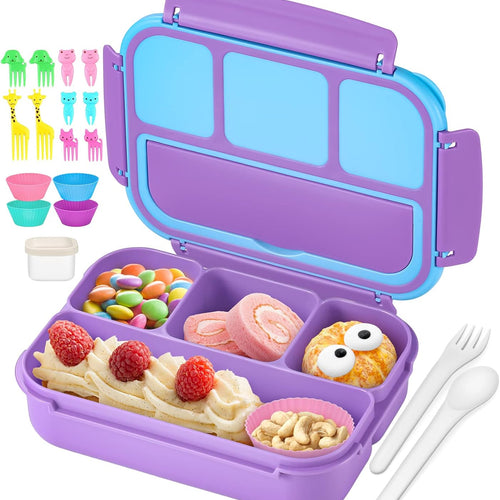 QQKO Bento Lunch Box for Kids Girls Boys, Toddler Kids Lunch Boxes for School, Lunch Containers for Adults with 4 Compartments, Sauce Container, Utensils, Food Picks and Muffin Cups, Purple