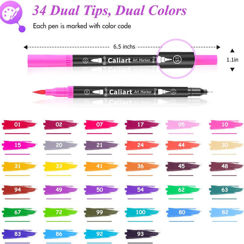 Caliart 34 Double Tip Brush Pens Art Markers for Adult Coloring Books | Artist Fine & Brush Coloring Markers for Journaling Calligraphy Lettering Planners Drawing Teacher Office Art Supplies
