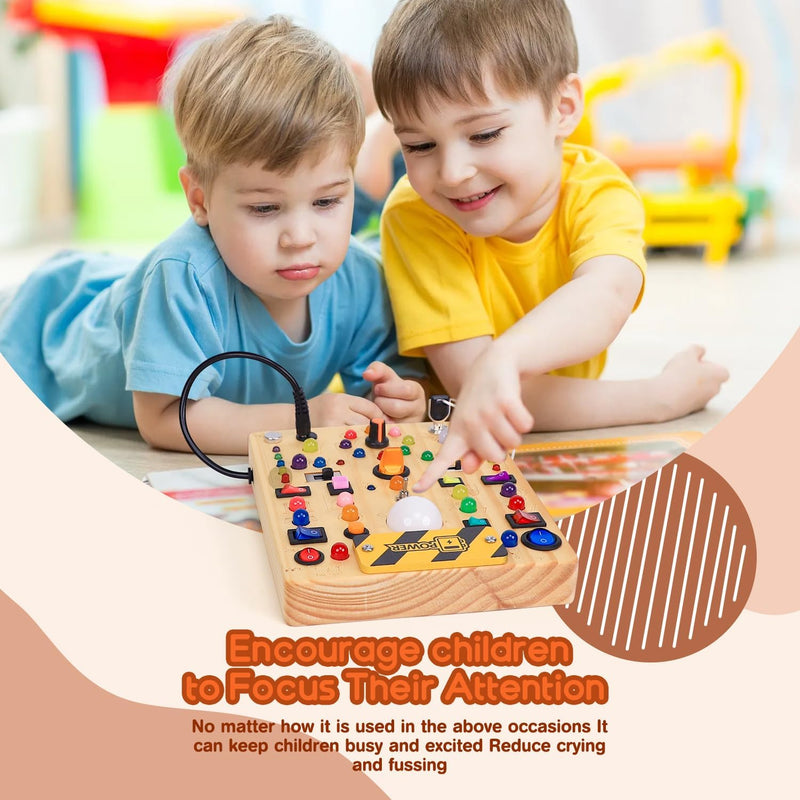 busy board with 19 led light switches for 1-3 year olds, montessori toy for toddlers with 40 led lights and 26 alphabet letters