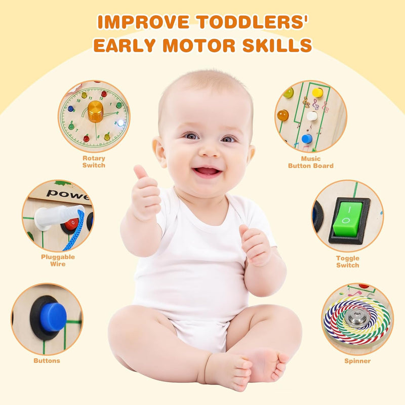 Montessori Wooden Busy Board with LED Lights, Music & Spinning Top for Toddler Sensory Development
