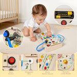 Montessori Wooden Busy Board with LED Lights, Music & Spinning Top for Toddler Sensory Development