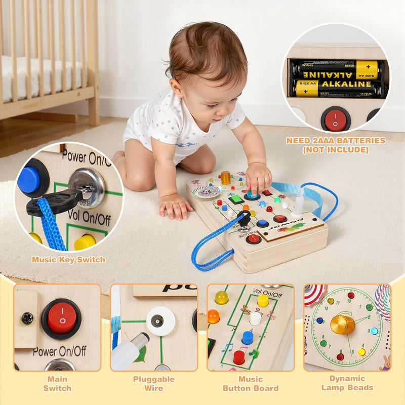 Montessori Wooden Busy Board with LED Lights, Music & Spinning Top for Toddler Sensory Development