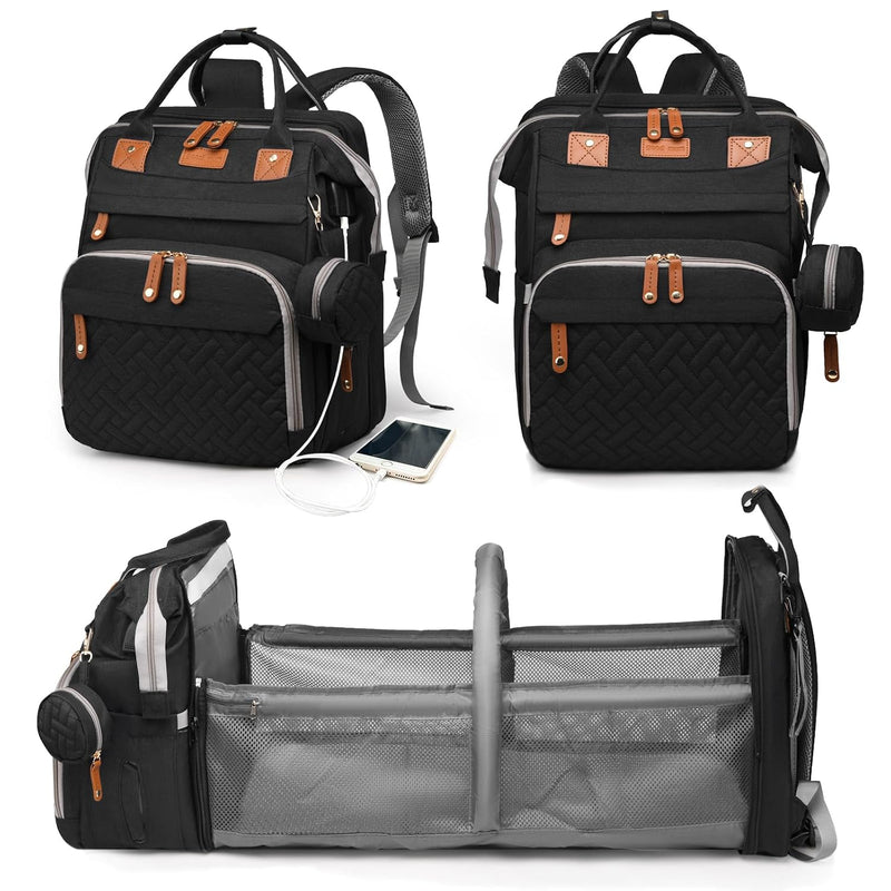 Baby Diaper Bag with Changing Station, Waterproof Diaper Bag Backpack for Moms Dads with USB Charging Port, Baby Shower Gifts, Baby essentials, Black