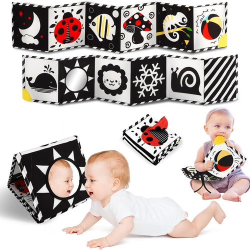 Tummy Time Toys, High Contrast Baby Book with Mirror & Teether for Newborn | Black and White Baby Toys for infant 0-6-12 Months, Visual Stimulation Soft Sensory Books, Baby Boy Girl Shower Gift