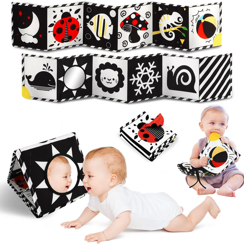 Tummy Time Toys, High Contrast Baby Book with Mirror & Teether for Newborn | Black and White Baby Toys for infant 0-6-12 Months, Visual Stimulation Soft Sensory Books, Baby Boy Girl Shower Gift