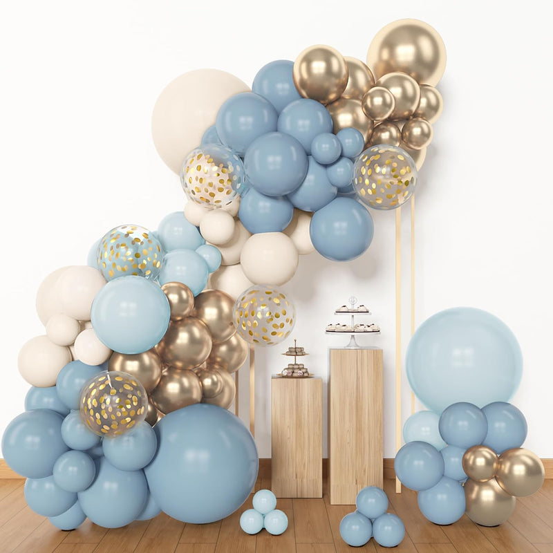 Amandir 153pcs Dusty Blue Balloon Garland Arch Kit Different Sizes Blue White Sand Latex Metallic Confetti Gold Balloons Baptism Birthday Boho Baby Shower