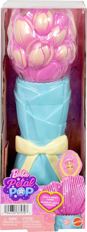 Barbie Petal Pop Scented Doll with Pink Tulip Dress & Accessories, Bouquet Reveal with Pet Bunny & Surprises Like Watering Can, Necklace & Earrings​​​