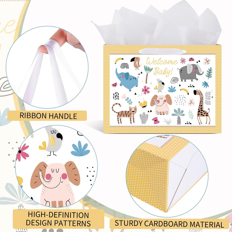 woric 14.5" Baby Gift Bag for Baby Shower Boys Girls Birthday Party | Include Tissue Paper and Greeting Cards, Ribbon Handles, Cute Animals Design, for Baby Shower and Birthday Gifts