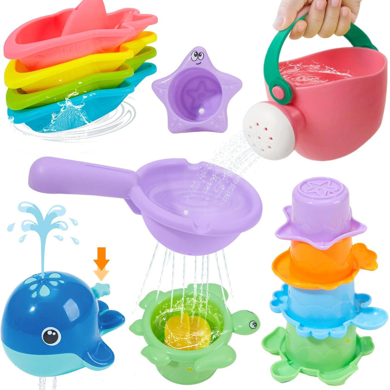 Mold-Free Bath Toys, 11-Piece Set | Safe, Easy-Clean & Fun Floating Boats, Spoon, Watering Can & Whale for Babies 12+ Months