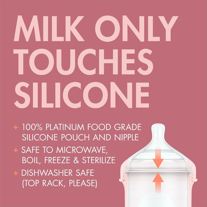 Boon Nursh Bottles - Slow Flow - Silicone Baby Bottles Help Ease Colic Symptoms - Formula and Breast Milk Only Touch Platinum Food-Safe Silicone - Pink - 0-3 Months - 3 Count - 4 Ounce