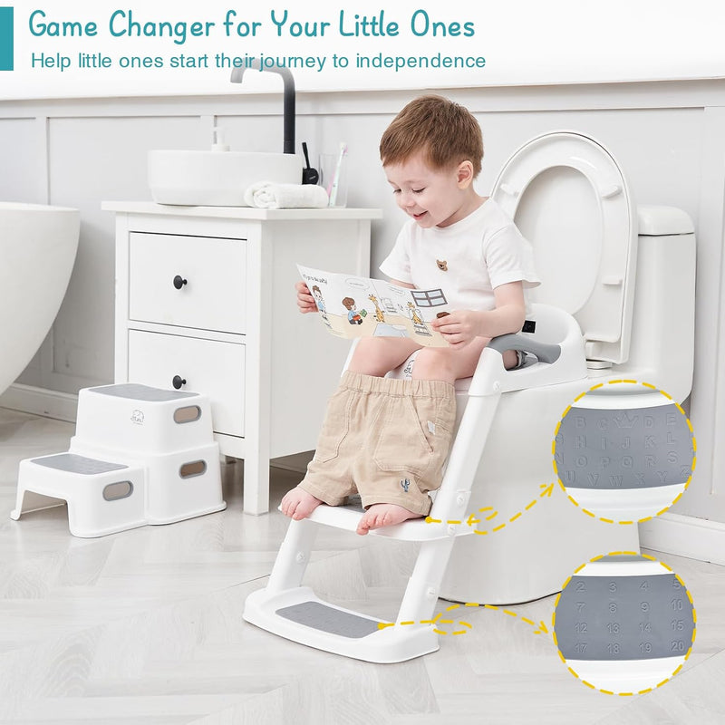 Forbena Potty Training Toilet Seat with Step Stool Ladder, Toddler Kids Potty Seat for Boys Girls, Non Slip Foldable Toilet Training Seat with Soft Cushion, Comfortable Handles (White-Grey)