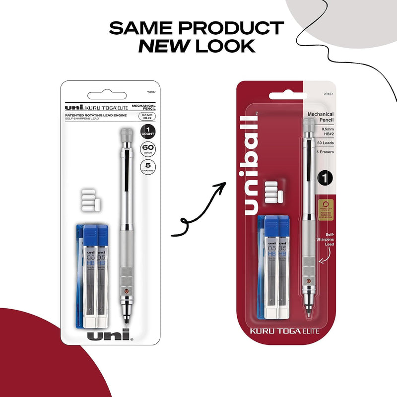uniball Kuru Toga Elite Mechanical Pencil Starter Kit, 0.5mm, HB #2, Silver Barrel, 1 Pack