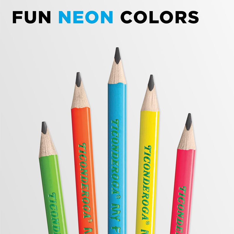 Ticonderoga My First Tri-Write Wood-Cased Pencils, Pre-Sharpened, 2 HB, With Erasers, Neon Colors, 12 Count
