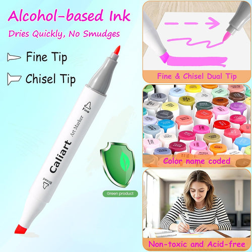 Caliart Alcohol Markers 100 Colors Dual Tip Fine & Chisel Art Markers Pens | Permanent Alcohol Based Sketch Markers Set with Case for Artists, Adults Coloring Books, Drawing Illustration (White Barrel)
