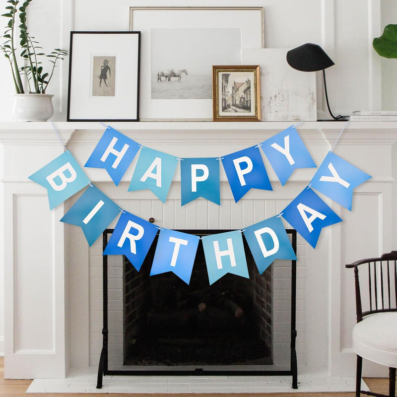 Blue Happy Birthday Banner Pre-Strung Party Decoration for Women Men Girls Boys - 13 Paper Banners with String
