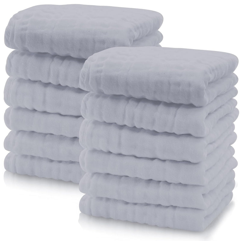 Cute Castle 12 Pack Muslin Burp Cloths for Baby - Ultra-Soft 100% Cotton Baby Washcloths - Large 20'' by 10'' Super Absorbent Milk Spit Up Rags - Burpy Cloths for Unisex, Boy, Girl - White