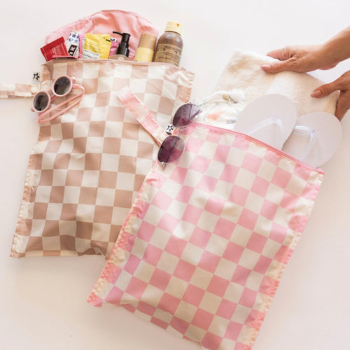 Tiny Twinkle Mess Proof Wet Bags | 2-Pack Reusable Waterproof Wet Bags for Swimsuits | Baby Clothes | Travel & Diaper Bag (Pink, Brown Checkers)